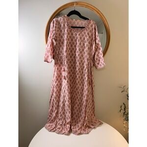 Avaasa Midi Dress Womens XXL Pink Excellent Floral Block Print Tassel Boho